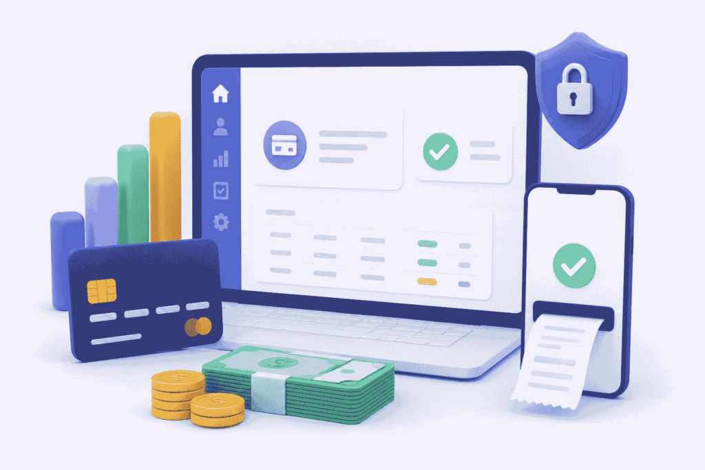 3D illustration of a digital payment dashboard with credit card, mobile receipt, cash, and secure transaction elements representing payment gateway integration and billing management