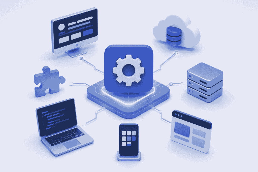 3D illustration of API integration showing connected devices, cloud systems, and data flow between applications representing custom CRM integrations and system connectivity