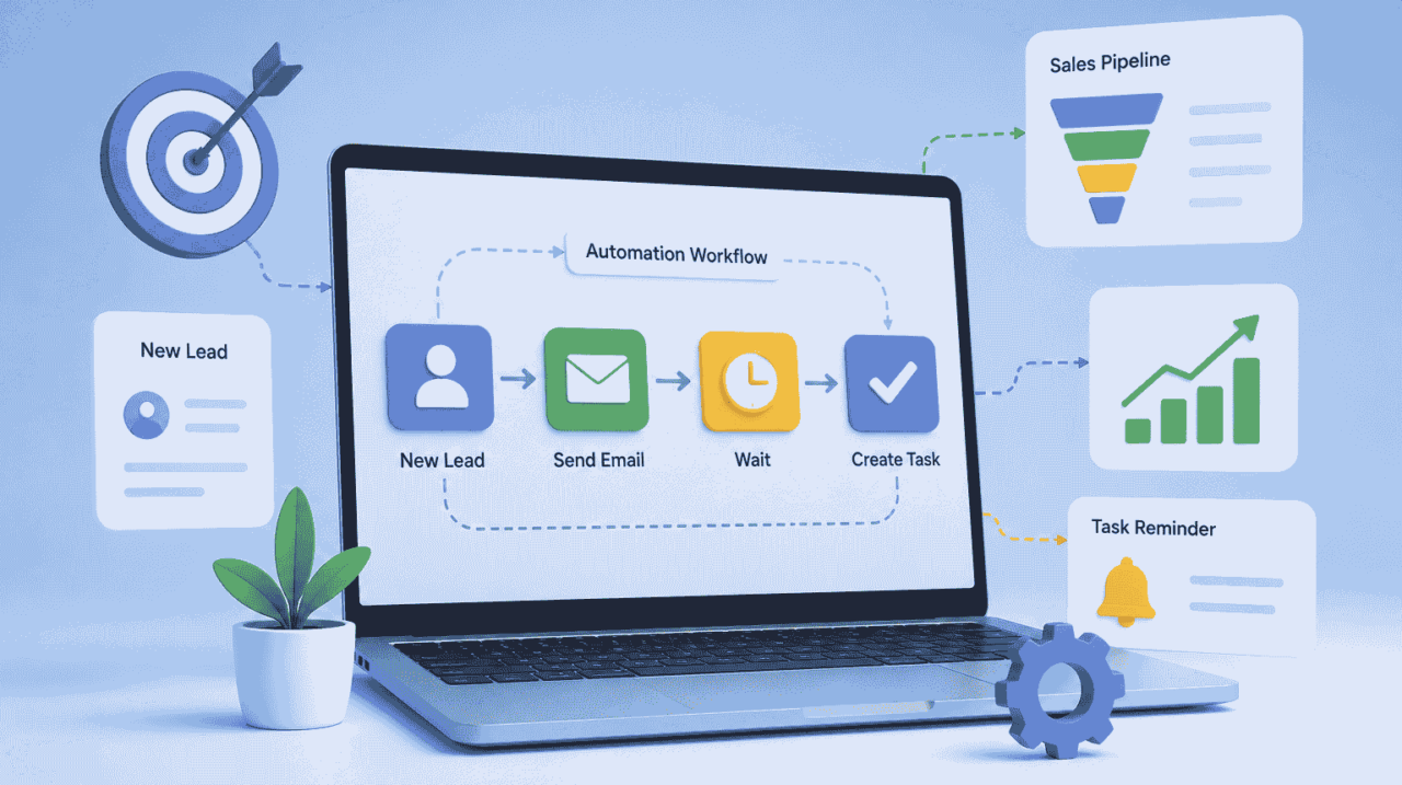 CRM automation workflow illustration showing lead management, email follow-ups, task creation, and sales pipeline tracking