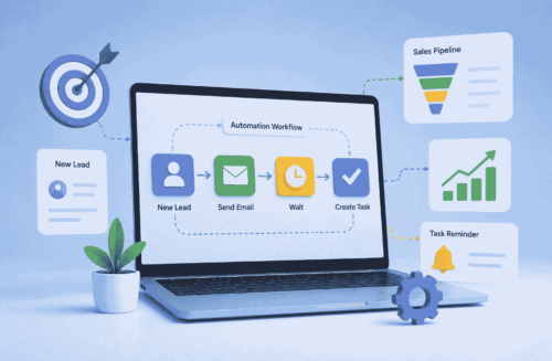 CRM automation workflow illustration showing lead management, email follow-ups, task creation, and sales pipeline tracking