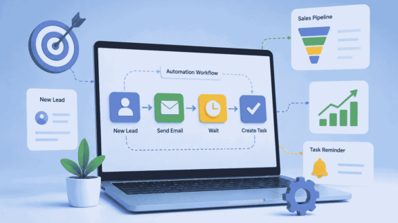 CRM automation workflow illustration showing lead management, email follow-ups, task creation, and sales pipeline tracking