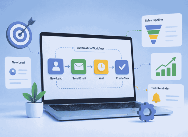 CRM automation workflow illustration showing lead management, email follow-ups, task creation, and sales pipeline tracking