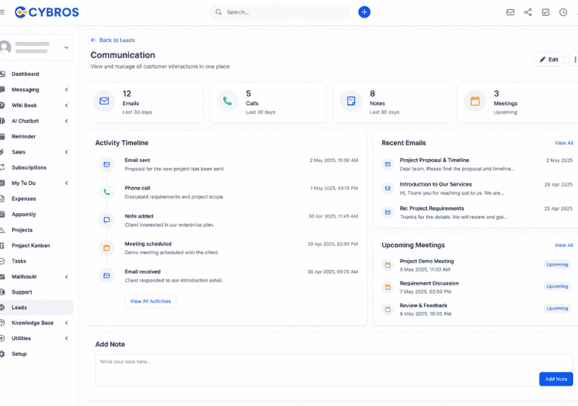 Centralized communication CRM with email tracking, call logs, notes, and meeting scheduling dashboard