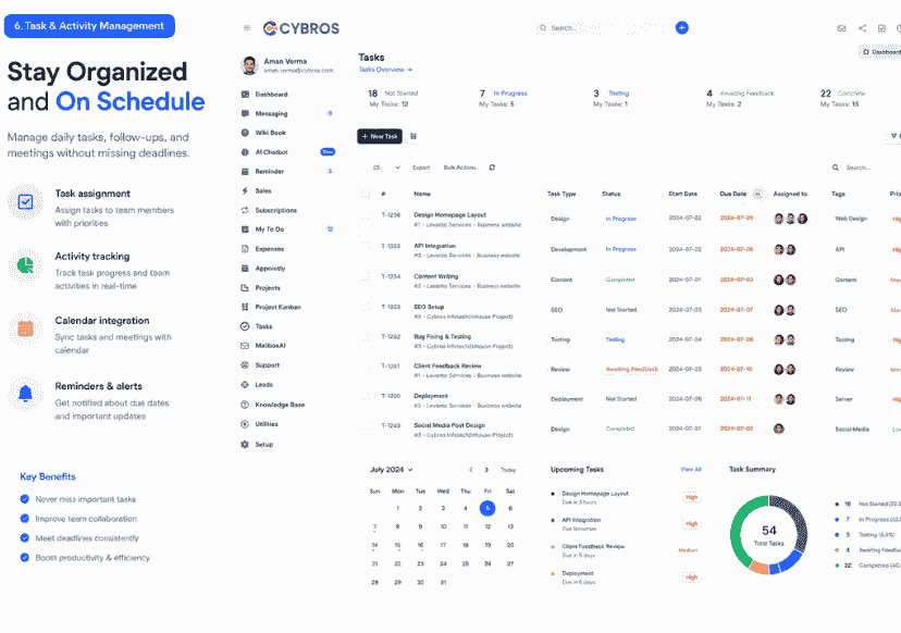 Task management dashboard with demo project data, activity tracking, calendar integration, reminders, and team task assignments in a modern CRM interface.
