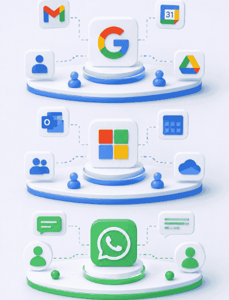 3D illustration showing CRM integrations with Google Workspace, Microsoft 365, and WhatsApp, connected through a centralized platform representing unified communication and workflow management
